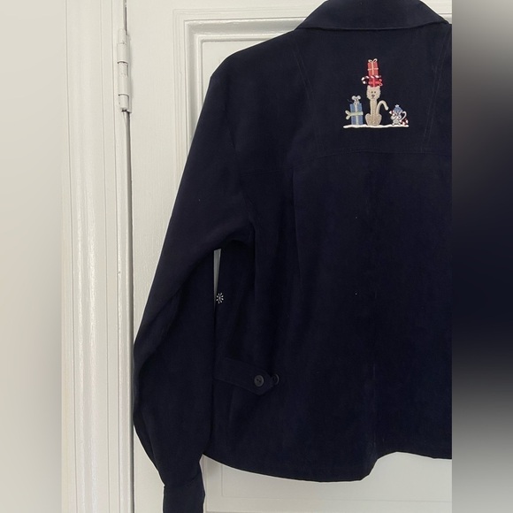 Christopher Banks Cat Snowman Embroidered Holiday Christmas Navy Vintage Blouse - Picture 9 of 14